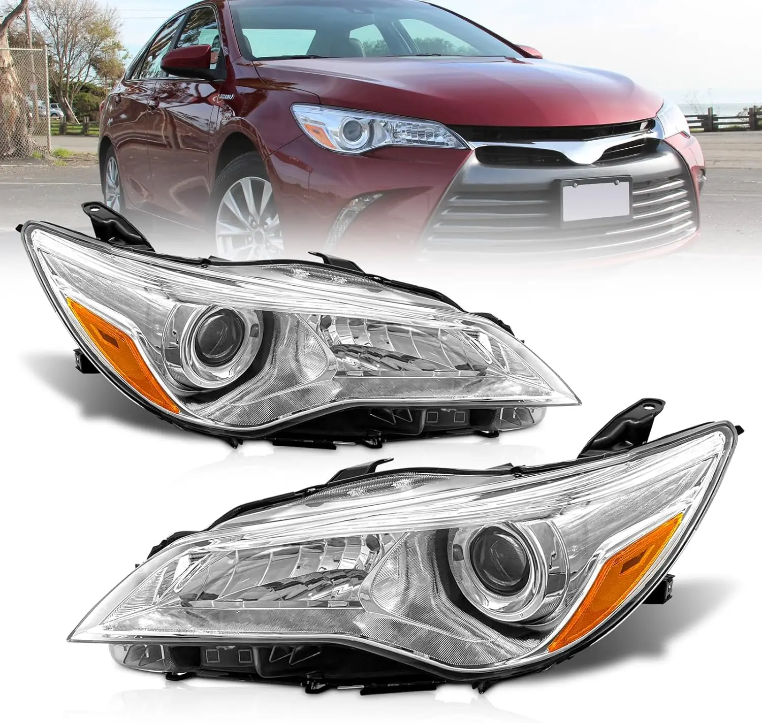

Для 2015 2016 2017, фары Camry в сборе, совместимые с 15 16 17 Toyota Camry, фарой с хромированным корпусом, янтарный отражатель