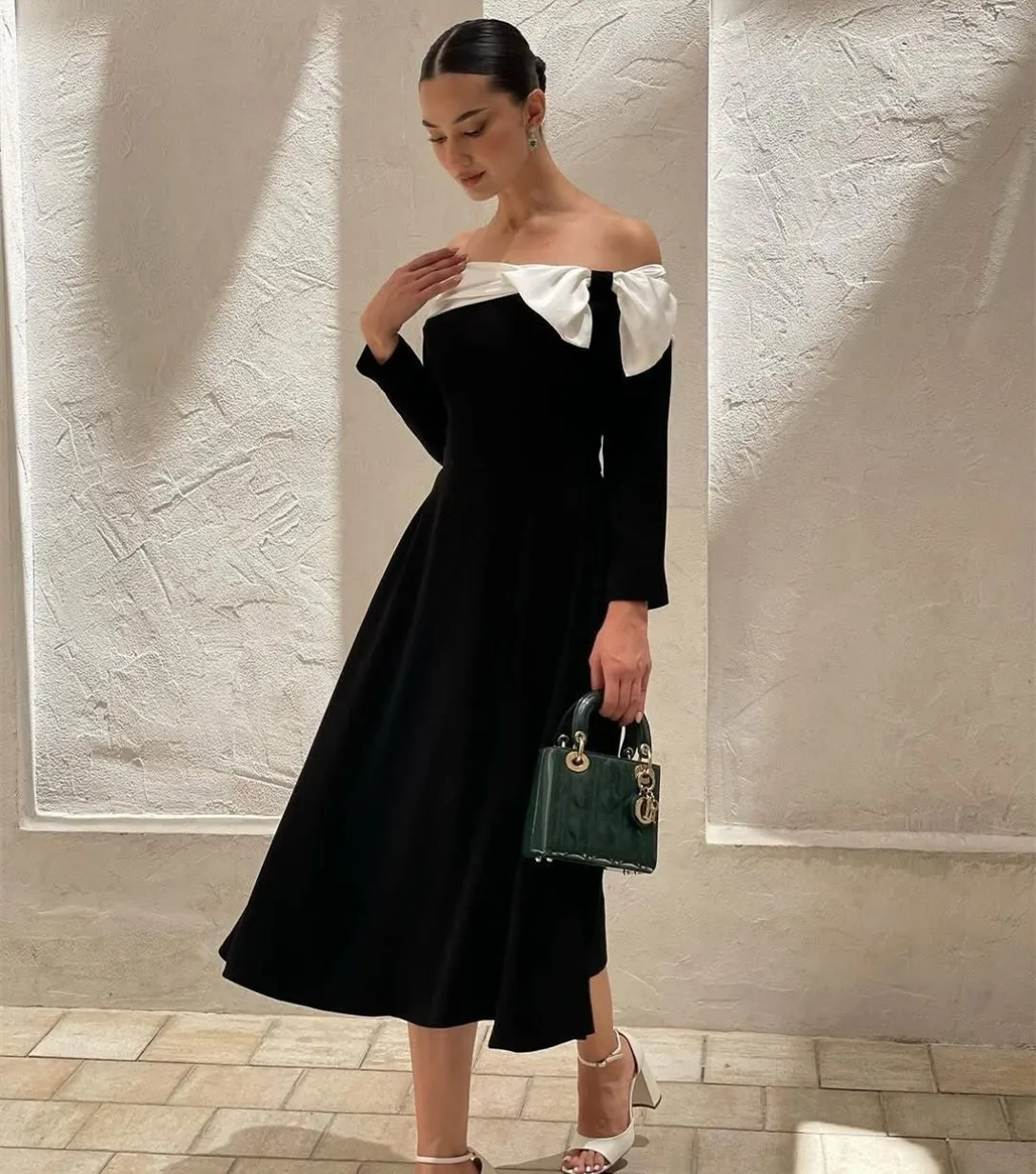 

Customized Short Crepe Evening Dresses with Bow A-Line Long Sleeve فساتين سهرة Tea Length Prom Dresses for Women