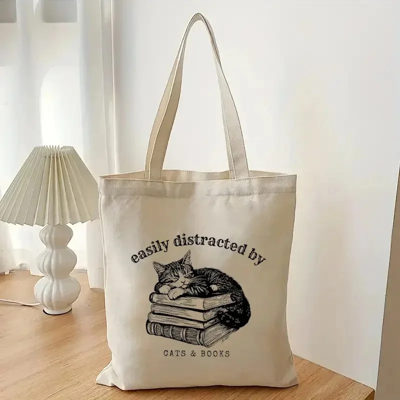 Cats Books Canvas Tote Bag Book Lover Cat Print Shoulder Bag Reusable Eco Friendly Tote Bag for School