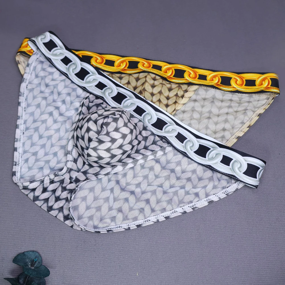 

Male See Through Lingerie Bulge Pouch Gold Mens Mesh Briefs Sheer Mesh Fabric Chains Pattern Waistband Low Rise Cut