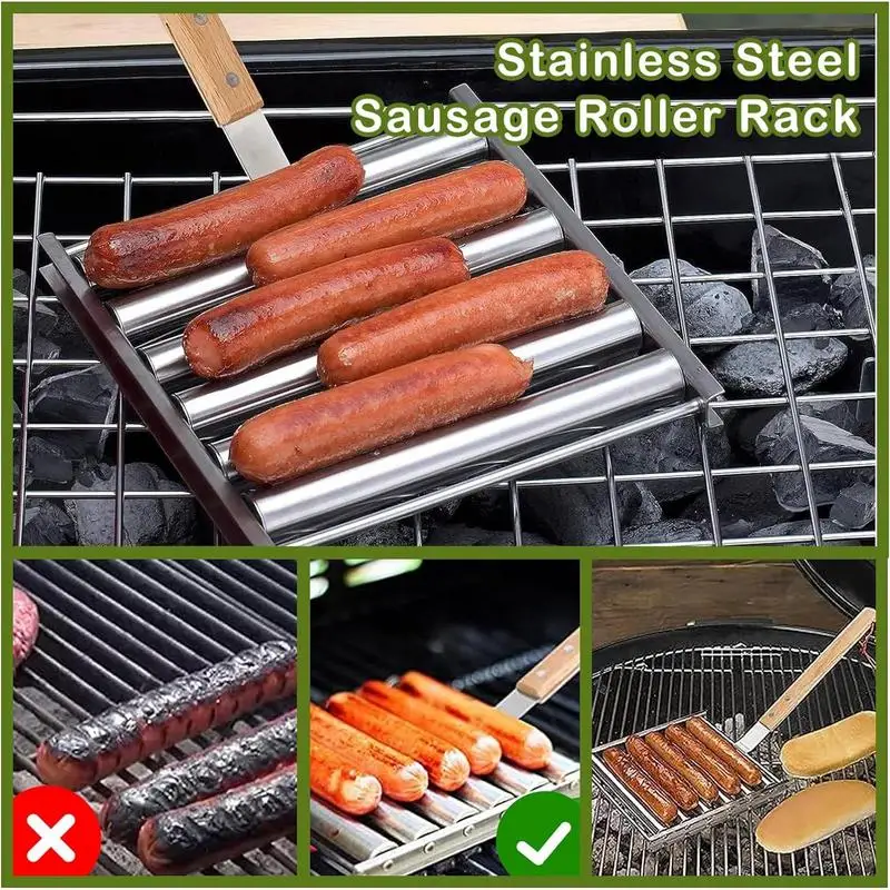 BBQ Hot Dog Griller Foldable Hot Dog Roller Basket BBQ Hot Dog Griller Stainless Steel Sausage Roller Grill Hot Dog Roller