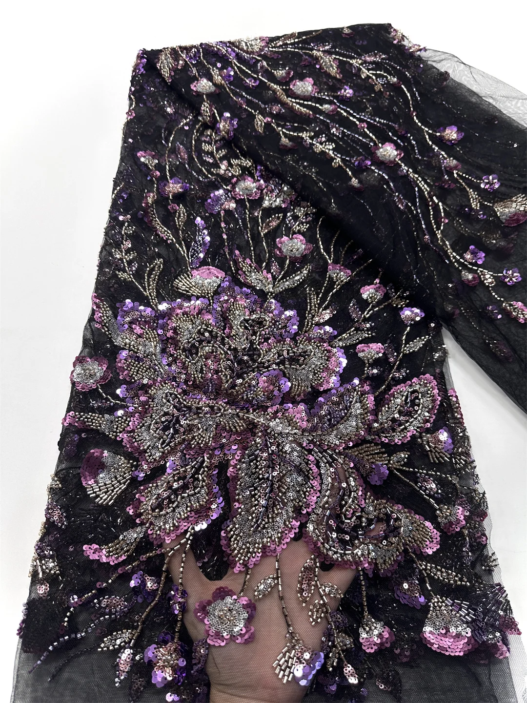 Kain Renda Berhias Manik-Manik Elegan 2025 Kain Renda Jala Prancis Afrika Berkualitas Tinggi Kain Renda Manik-Manik Nigeria Mewah Berpayet untuk Gaun