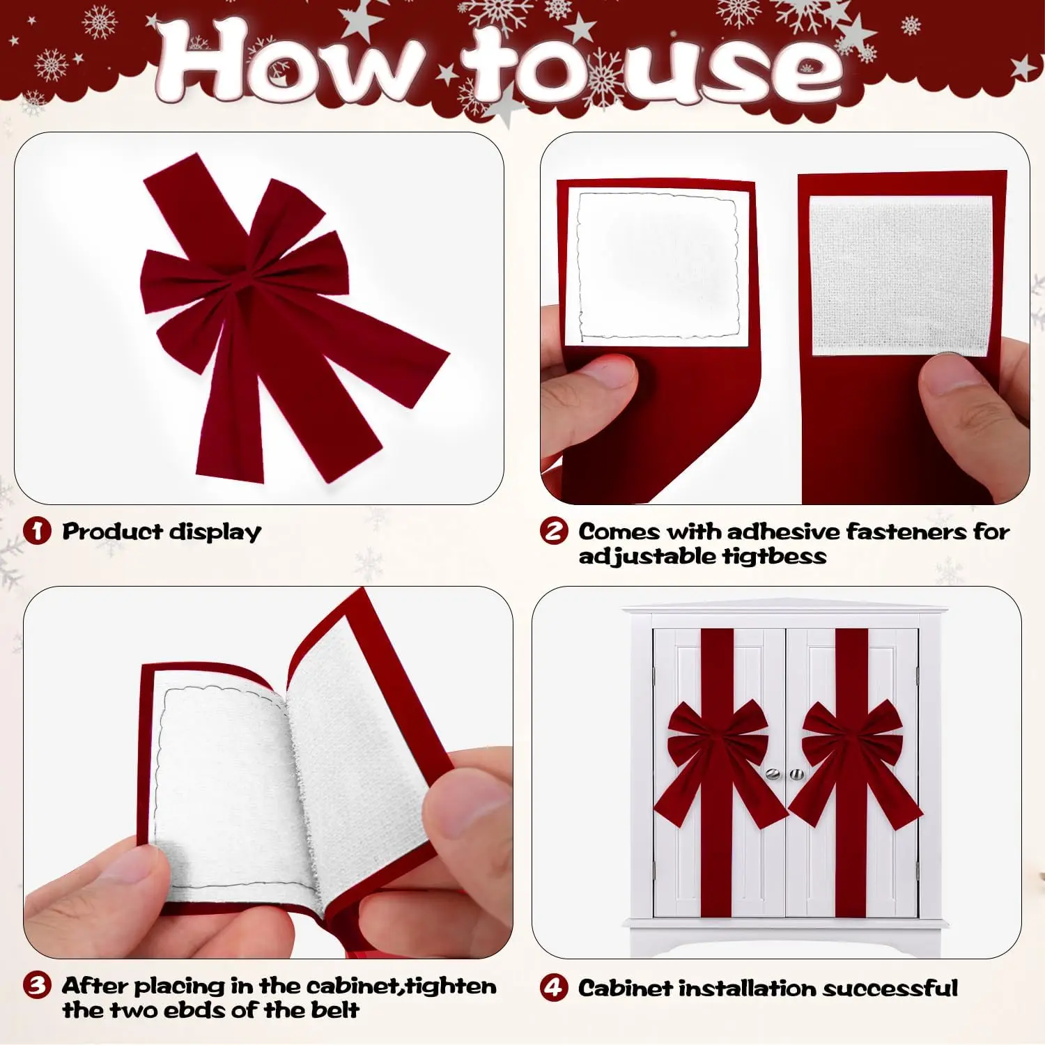 4 Pieces Large Velvet Burgundy Christmas Cabinet Bows Ribbon Peel Stick Christmas Bow Ribbon Easy to Install on Cabinet Door