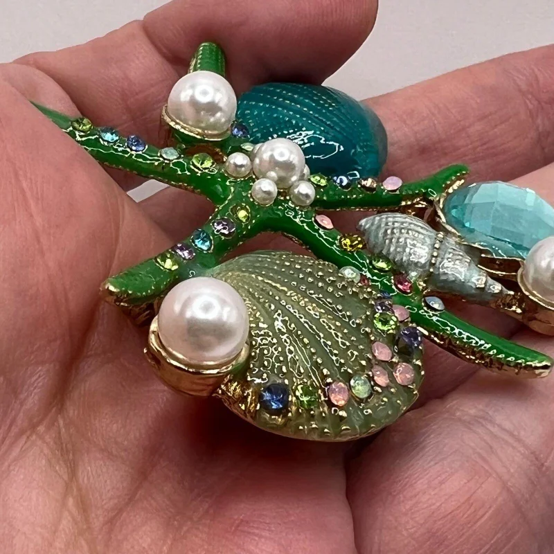 Korean Fashion Enamel Starfish Shell Brooch Retro Men\'s and Women\'s Marine Life Clothing Pin Accessories Pearl Breastflower