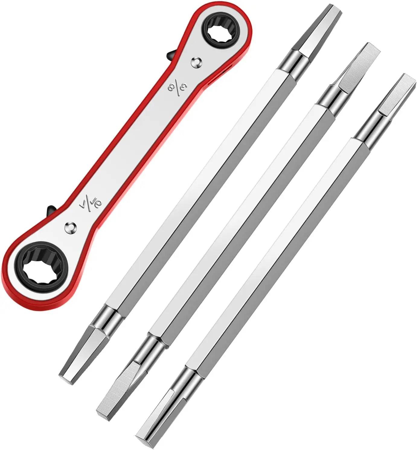 

Набор из 4 металлических сидений: 3 инструмента + трещотка 3/8 'и 7/16' для шестигранных/квадратных сидений крана.