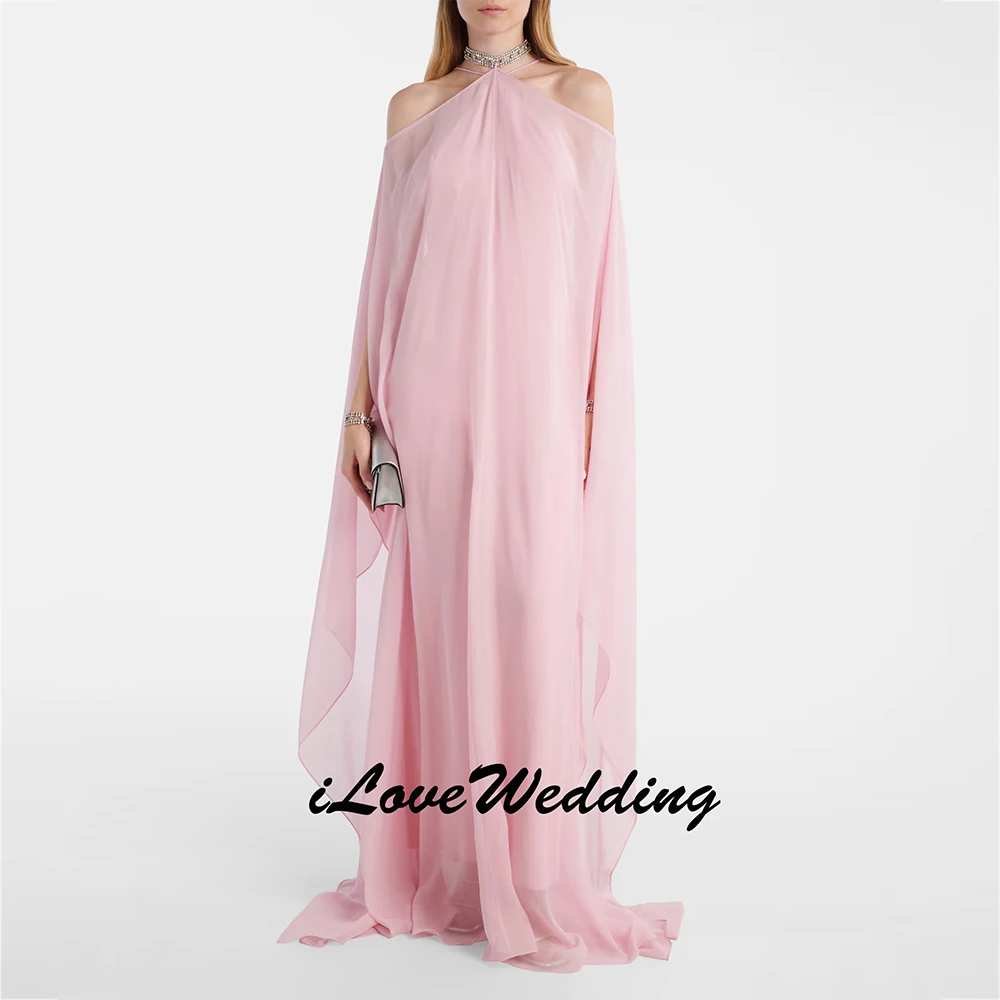 

Customized Women's Pink Halter-Neck Dresses 2026 Spring Stylish Loose Fit Batwing Sleeve Folds Elegant Evening Party Dress