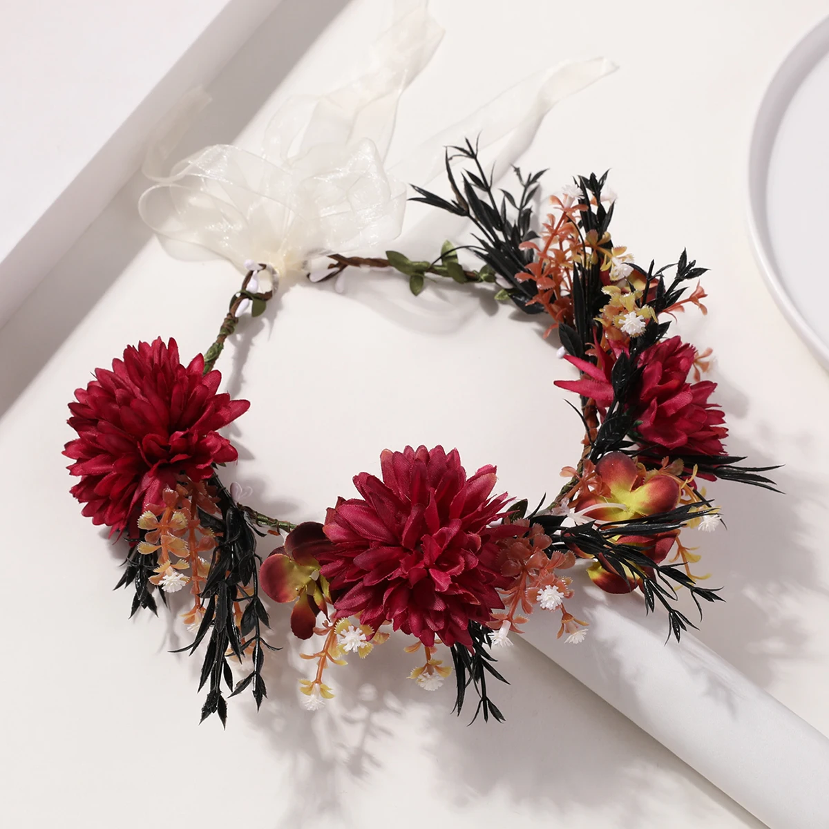 Pink white flower wreath hair hoop fairy aura headwear retro forest style flower wreath headwear accessories