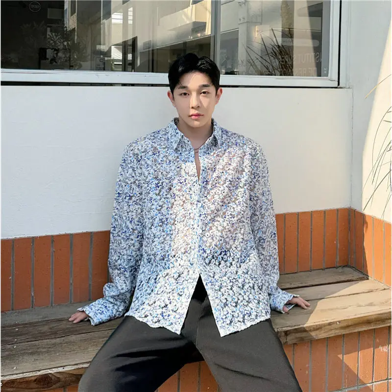 

Faionable Floral Hollow out Long Sve Men's irt Summer New Arrival Trendy Individuatic High-End Feeling ow irt