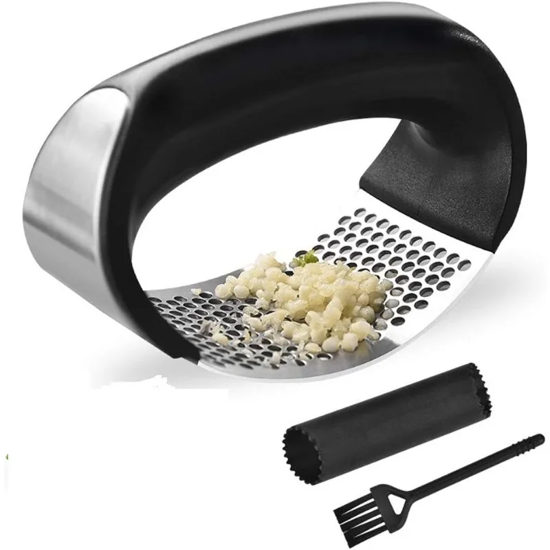 Stainless Steel Garlic Press Rocker Ginger Crusher Ergonomic Handle Silicone Garlic Peeler Tube Cleaning Brush Set