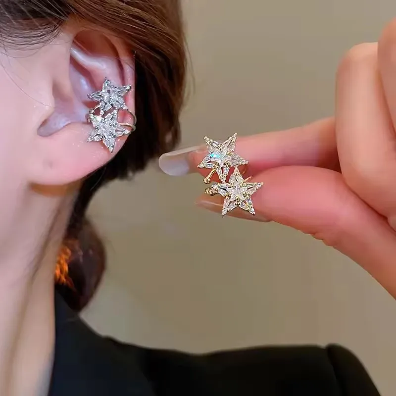 Luxury Crystal Zircon Star Clip Earrings for Women Simple C Shaped Geometric Without Piercing Ear Cuff Wedding Jewelry Gifts