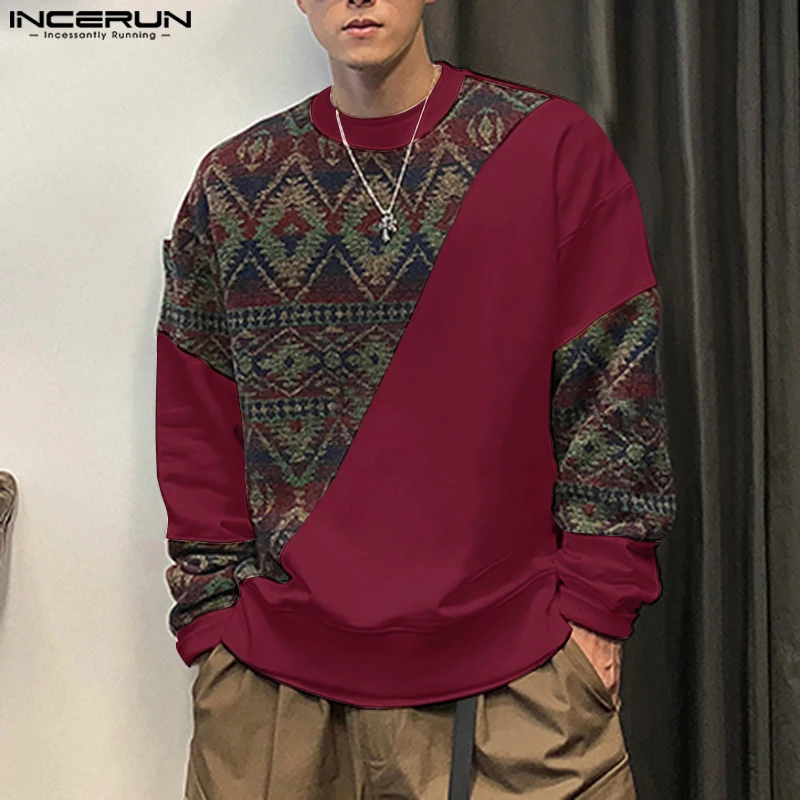 2024 Korean Fashion Long Sleeve Hoodies INCERUN Men Casual Round Neck The national Style Sweatshirts Loose Patchwork Pullovers