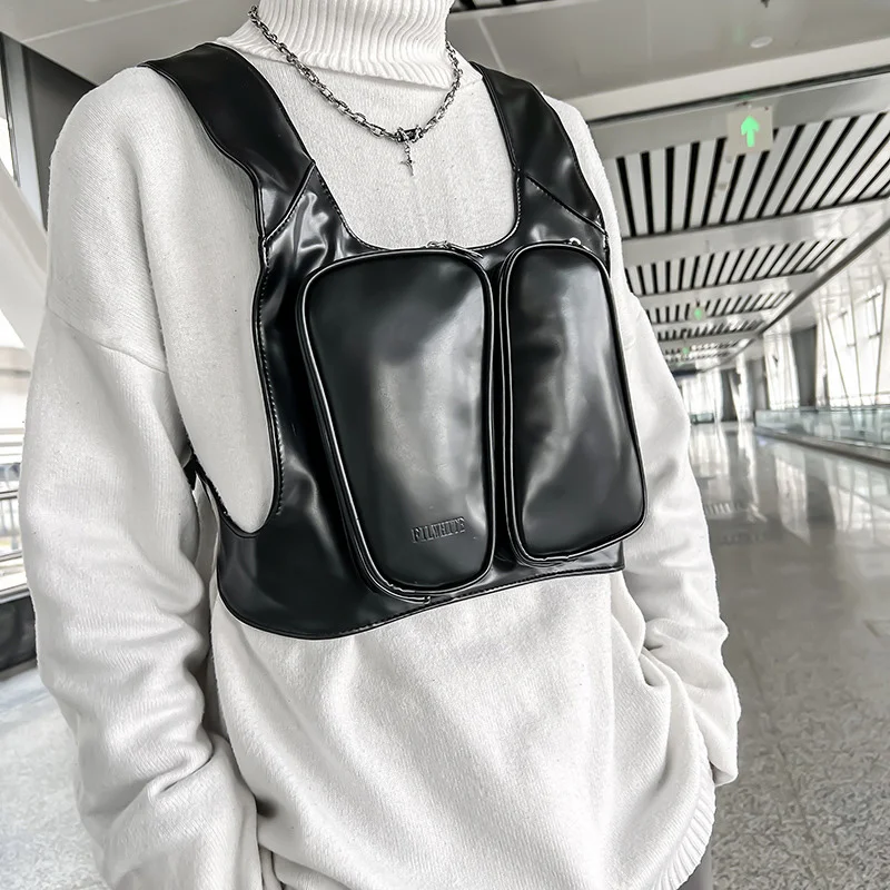 Bolsos de pecho de PU para hombre, chaleco táctico informal para exteriores, mochila de viaje multifunción de Hip-hop, a la moda, novedad de 2023