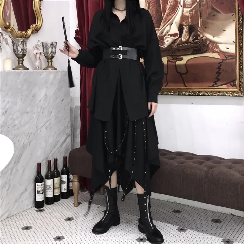 Gothic Women Irregular Cargo Skirts Punk Streetwear Loose Midi Skirt Y2K Summer Fashion Female Black Pleated Skirts