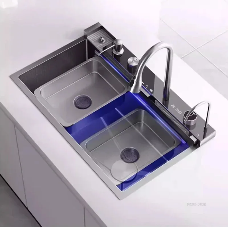 Fregadero de cocina grande con ranura única, fregadero de cascada de lluvia de acero inoxidable 304, lavabo para lavar platos en forma de panal para el hogar, accesorios de cocina