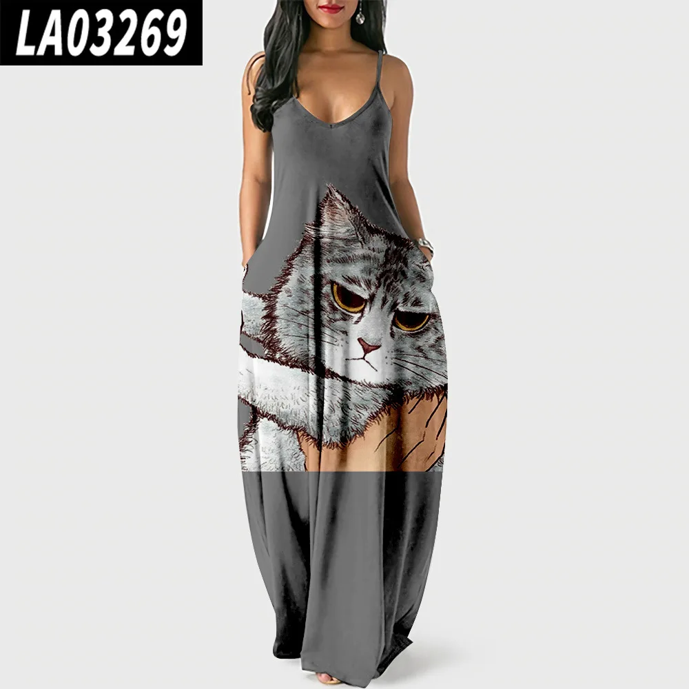 Summer Women Cat Printed Long Pullover Dress Sexy Floor-length Party Beach Sundress Dress Vestidos