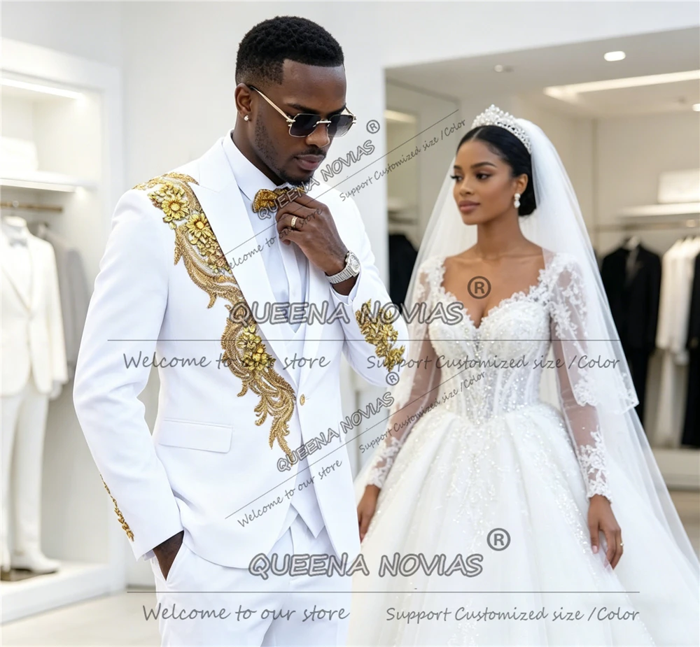 Exclusive Wedding Suit For Man Gold Beaded Appliques Prom Blazer Custom Made 3 Piece Sets Costumes Hommes Slim Fit Man Tuxedos