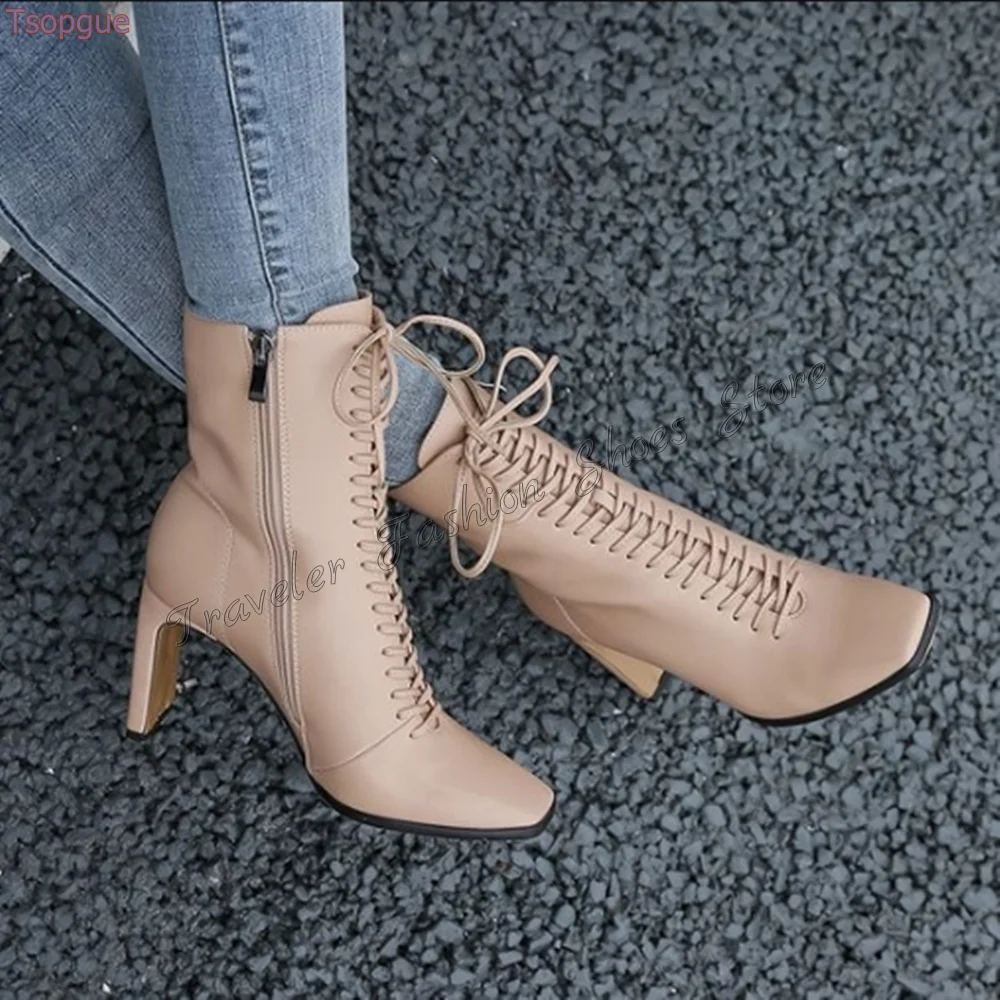 

Apricot Square Toe Lace up Side Zipper Boots Ankle Matte Leather High Heel Shoes for Women Heels 2024 New Zapatos Para Mujere