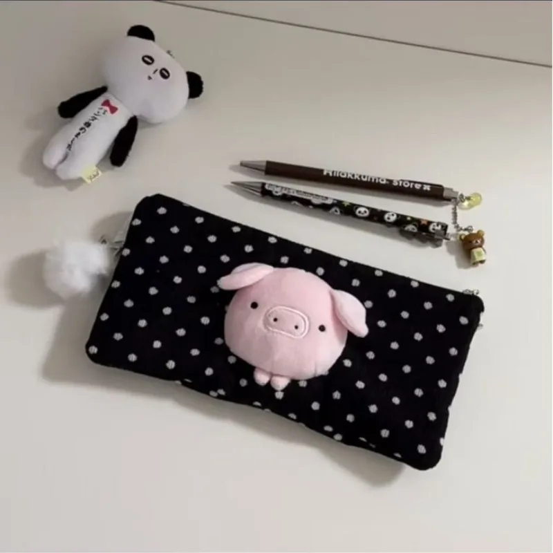 Cute Piggy Plush Pencil Case Polka Dot Large Capacity Storage Bag for Girls Students Black Color Cartoon Stationery Holder Pouch