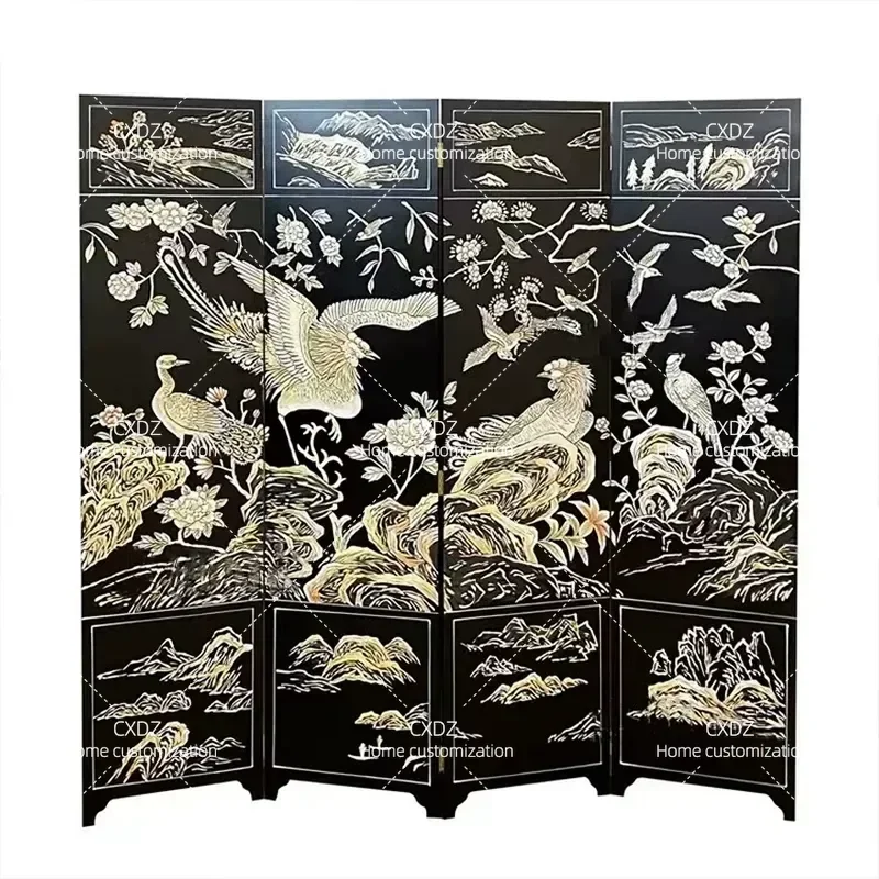 Retro Crane Flower Bird Gold Foil Screen Lacquer Painting Partition for Living Room Entrance Tea Room High End