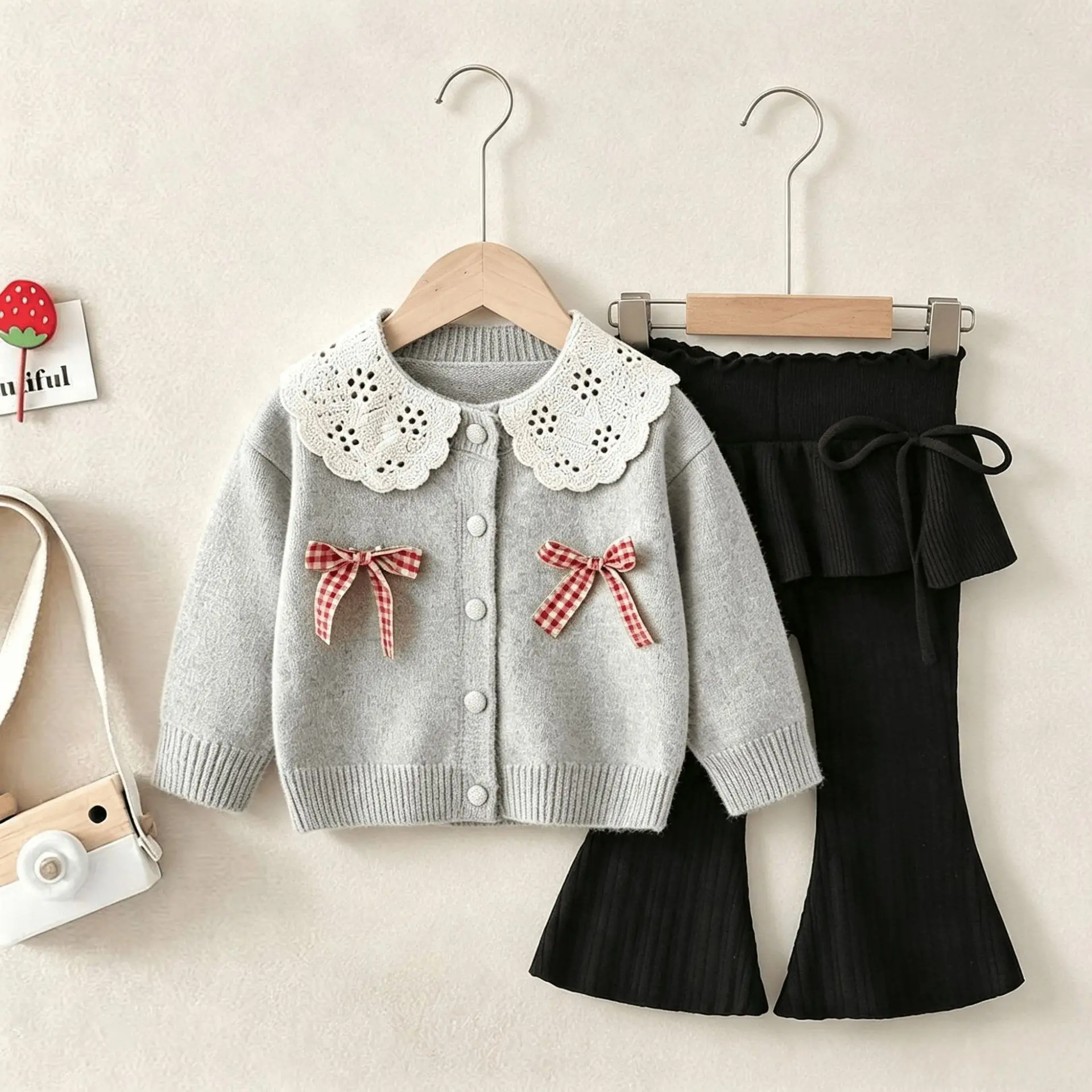 Lace Lapel Girls Sweater Sets Knitted Cardigan Sweater Coat and Black Lace Bowknot Bell-bottoms Girls Kids Sets