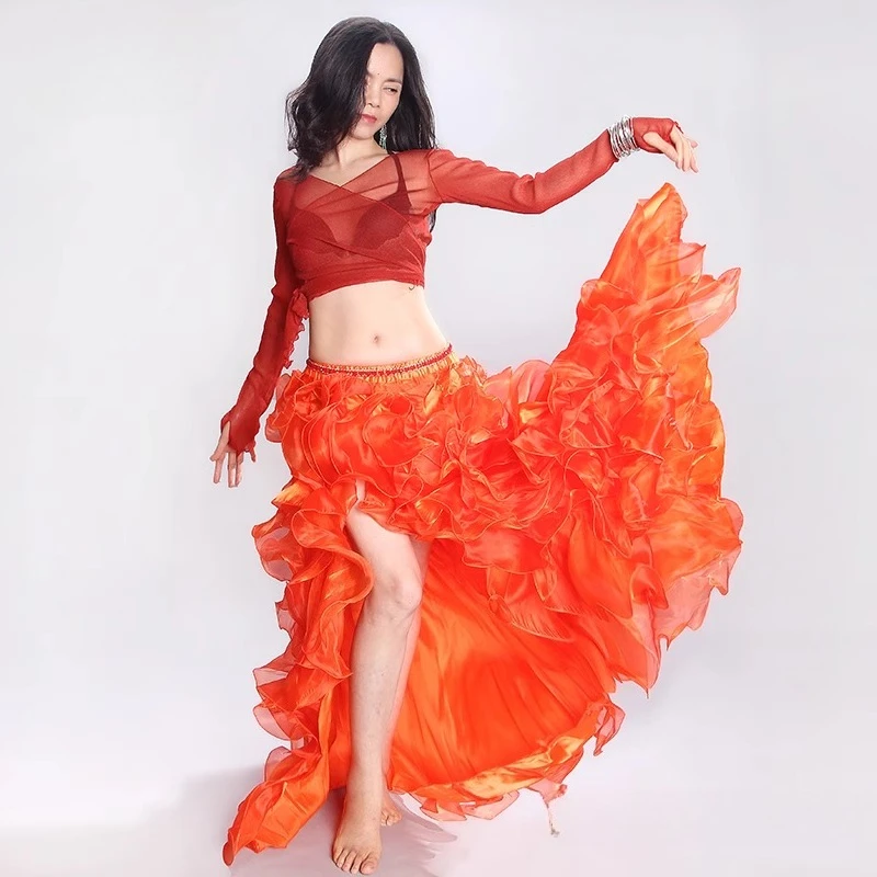 

customized belly dance performance costume mesh long sleeved top with slits long skirt training suit set exotic dancewear sexy