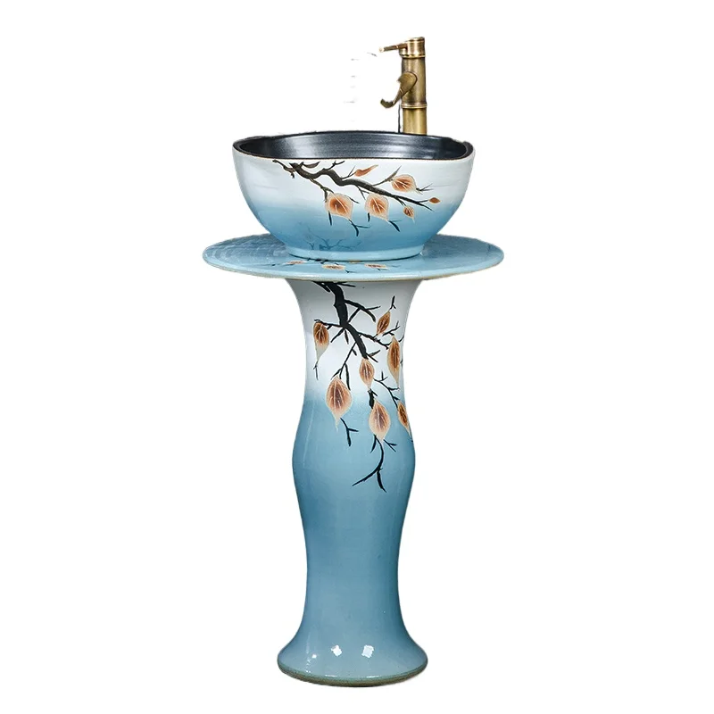 

Hand painted ceramic column basin Balcony hand wash basin Integrated floor type outdoor pillar basin