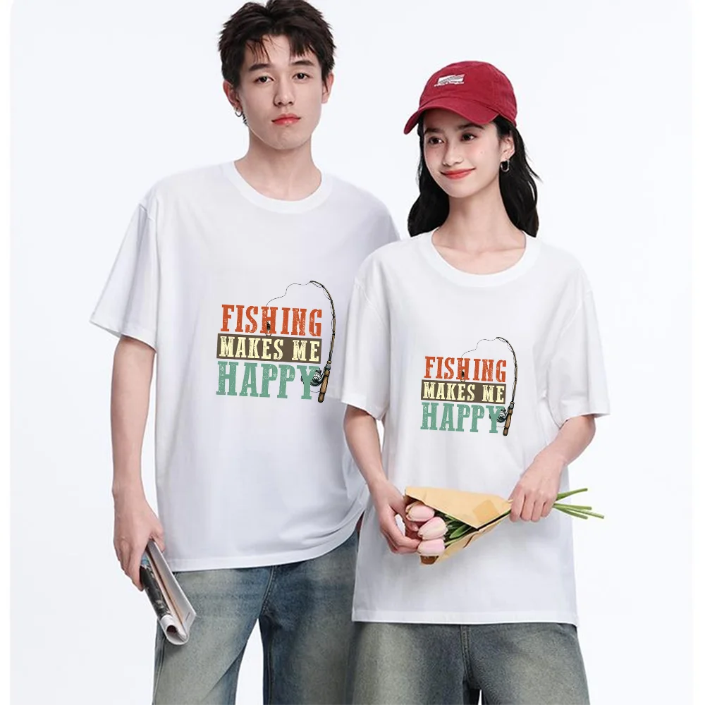 Fishing Makes Me Happy Printed T Shirt Breathable Fabric S-XXL Personalized Custom Casual Short Sleeve Tee Unisex Fit Aesthetic