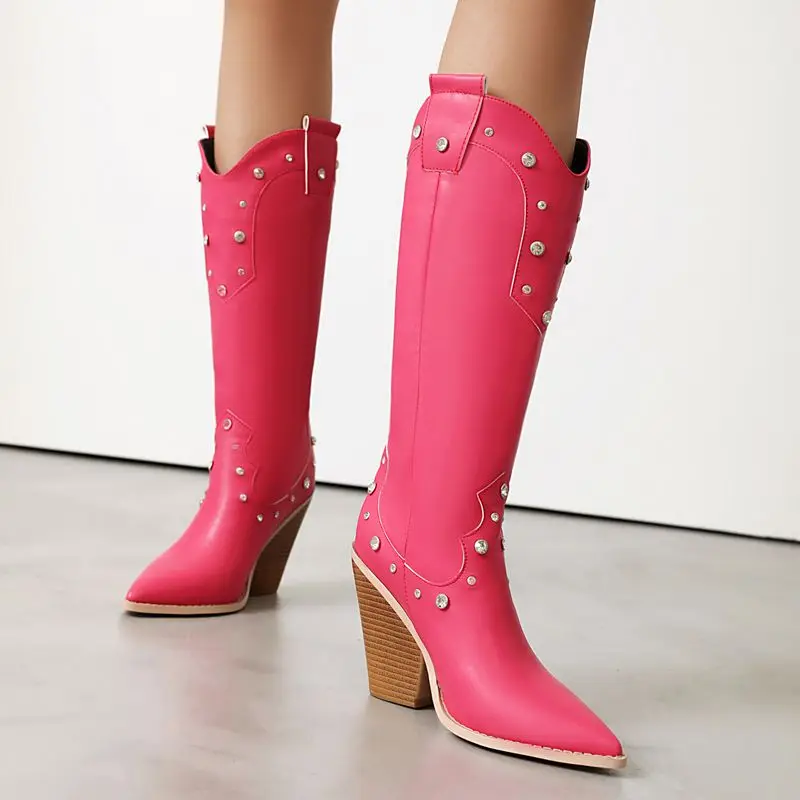 ORCHA LISA موضة حذاء برقبة للركبة أشار تو 9.5 سنتيمتر كعب مكتنز الانزلاق على الوردي الأسود حجم كبير 47 48 مثير الغربية يؤرخ نمط #1