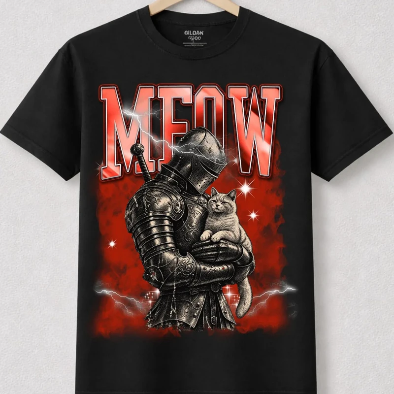 Fun Knight Shirt, Medieval Knight Cat T-shirt Dark Fantasy Meme Retro Knight Shirt Game Player Gift Gift for Troubled Friends
