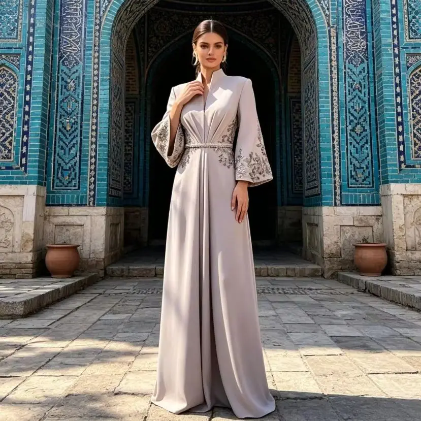 Customized Purple Waist Cinched Satin Evening Gown 2026 Bell Sleeves and V-neck Straight Tube Ball Dress Suitable for Parties