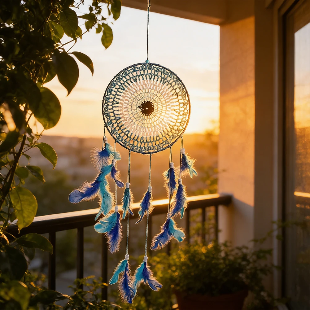 Blue Feather Dream Catcher Mandala Hanging Ornament Boho Wall Decor Window Pendant Handmade Dreamcatcher Home Spiritual Gift