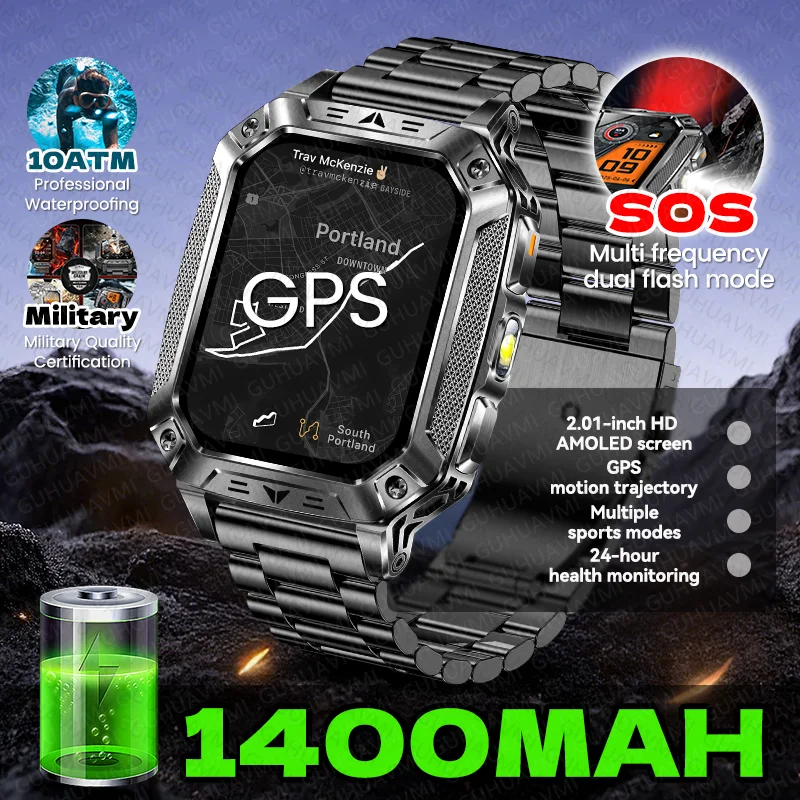 2026New Outdoor GPS Smart Watch Men Military Certified 1400mAh Battery Bluetooth Call 10ATM Waterproof SOS Flashlight Smartwatch