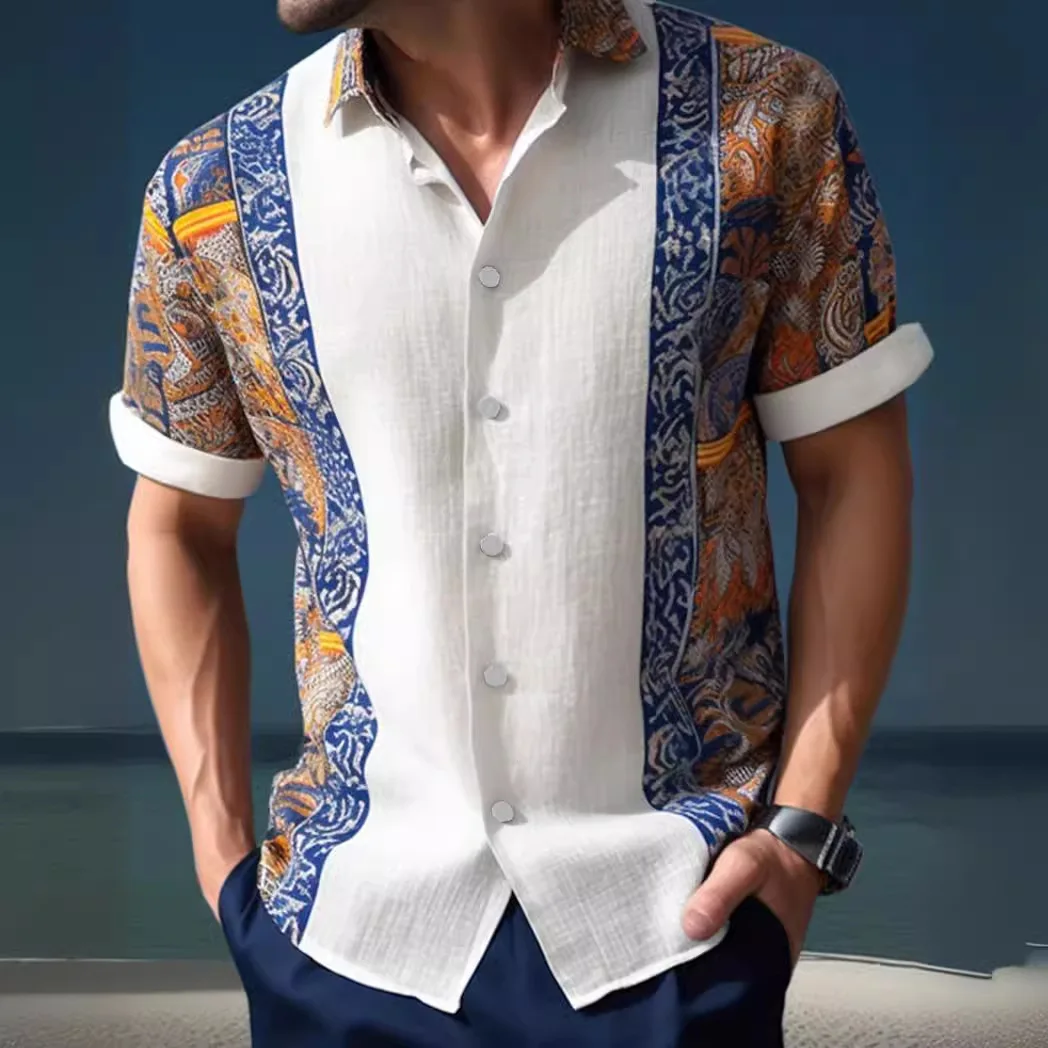 2025 New Men's Natural Print Ethnic Style 3D Printed Shirt Men's Lapel Short Sleeve Comfortable Breathable Casual Vacation Top
