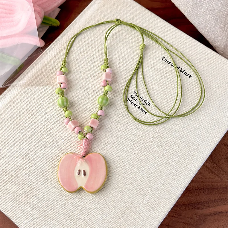Summer Fresh Ceramic Apple Necklace for Women: Unique, Vacation-Inspired, Beachy-Chic Long Chain Necklace