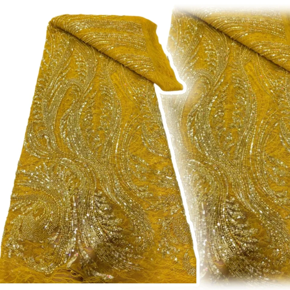 

Gold Luxury African Sequin Lace Fabric 2025 High Quality French Nigerian Groom Beaded Lace Fabric for Wedding Dress Sewing S1202