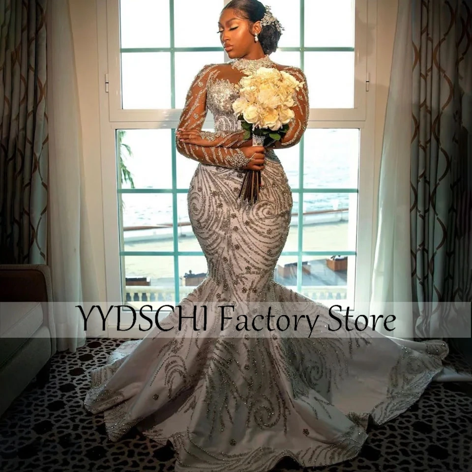 Suknie ślubne luksusowe na zamówienie w stylu afrykańskim 2025, suknie dla panny młodej, Vestidos De Novia, błyszczące suknie balowe typu syrena/trąbka z trenem