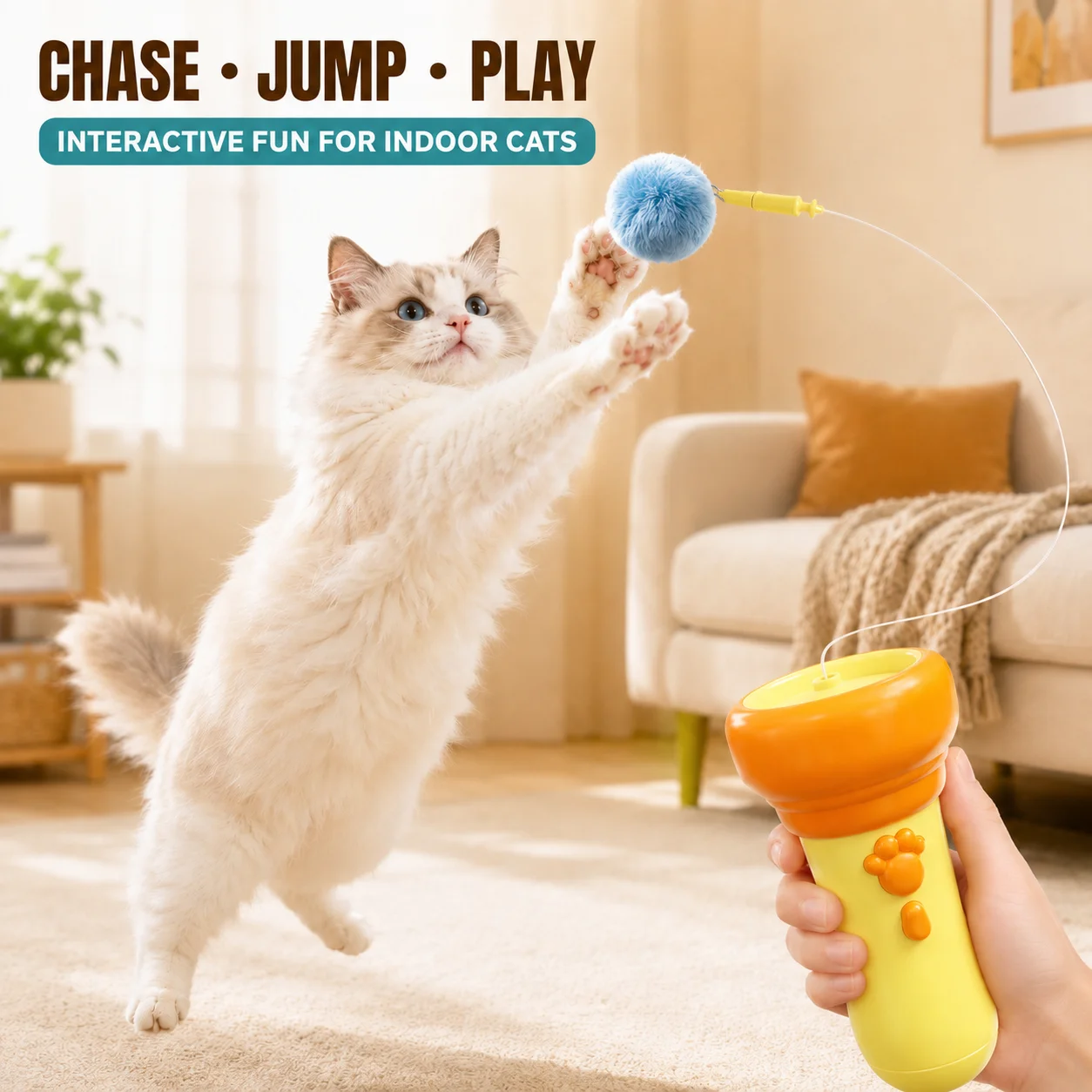 Automatic Cat Teaser Launcher, Electric Retractable Rope Plush Ball Toy, Interactive Cat Wand for Indoor Cats Kittens