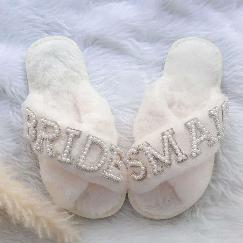 Bride bridesmaid pearl Fluffy Slippers Bridal Shower Wedding Engagement Honeymoon Bachelorette Party decoration proposal Gift