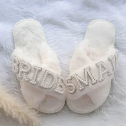 Bride bridesmaid pearl Fluffy Slippers Bridal Shower Wedding Engagement Honeymoon Bachelorette Party decoration proposal Gift