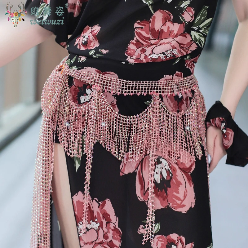 Belly Dance Fringe Belt Women Advanced Luxury AB Bright Diamond Wave Tassel Hip Scarf Adult Oriental Dance Practice Accessories