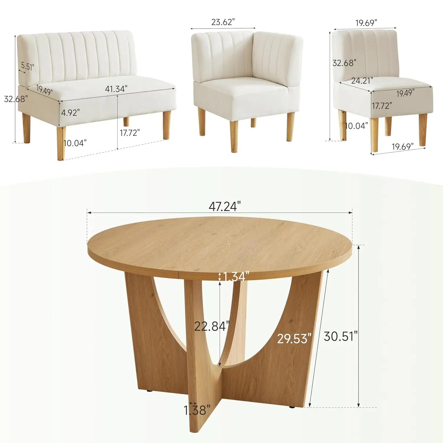 Round Dining Table Set with Loveseat & Chairs, 47 Inch Farmhouse 5-Piece Round Table Setting for 4 to 6, Wood, Customized