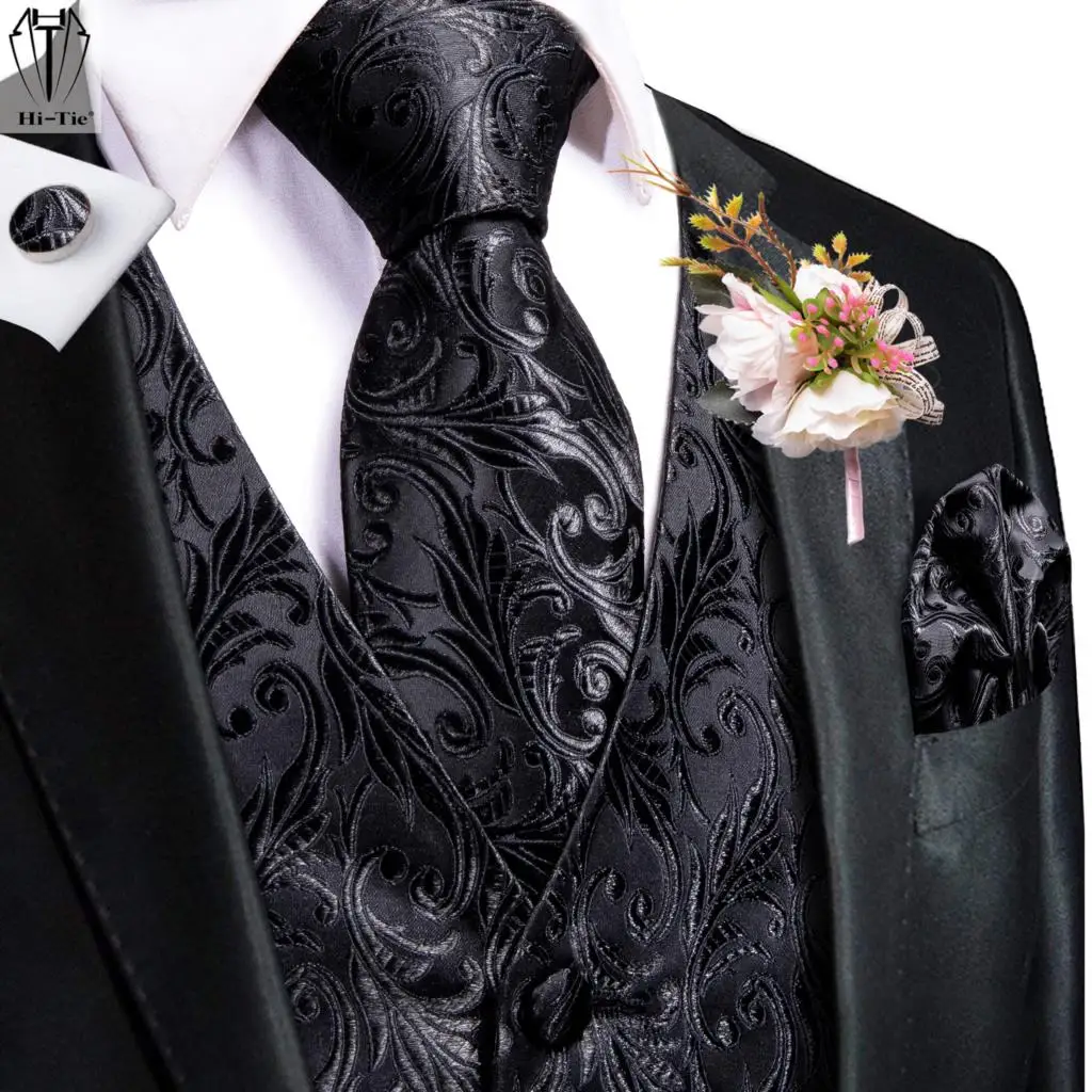 

Hi-Tie Mens Vest Tie Hankerchief Cufflinks Corsage Set Waistcoat Sleeveless Jacket Collar Flower Necktie Business Wedding Events