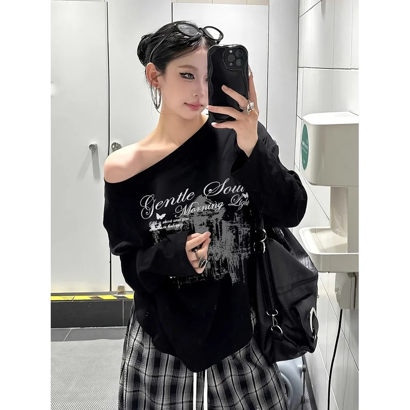 Women's Trendy Loose-Fit Off-Shoulder One-Shoulder Neck Long-Sleeve Base Layer T-Shirt