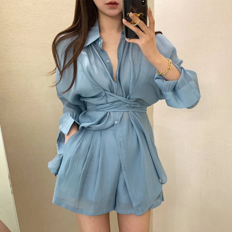 

Elegant Fashion Cross Slim Waist Chiffon Shirts Women+ Y2k High Waist Wide Leg Shorts 2024 Spring New Two Piec E Sets