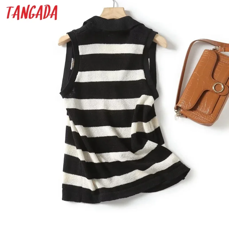 Tangada Women 2024 Fashion Striped Knitted Vest Sweater Sleeveless Female Waistcoat 4C406