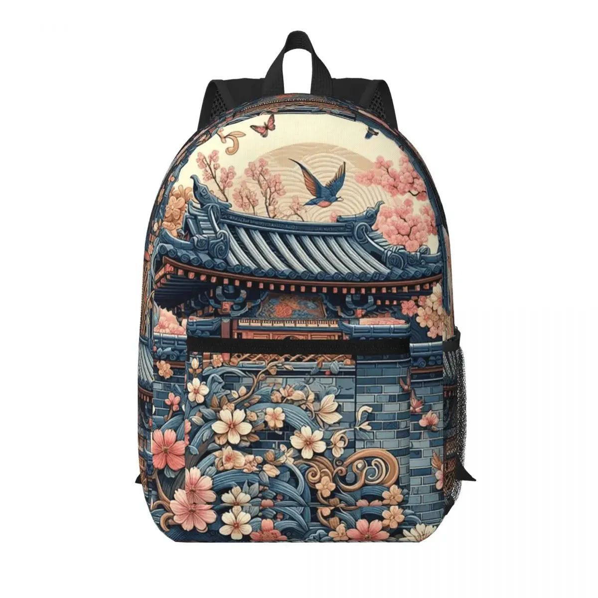 Traditional Asian Architecture With Cherry Blossoms Backpack School Bag Hiking Travel Daypack for Unisex Bookbag Shoulder Bags