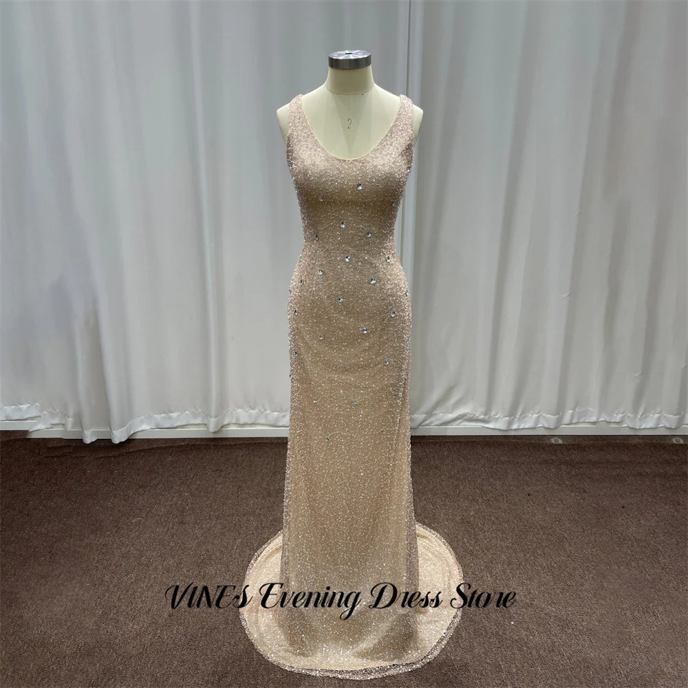 

VINES Champagne Scoop Neck Prom Dresses with Sparkling Sequin Gala Dresses Crystal Saudi Arabic Evening Party Gown Customized