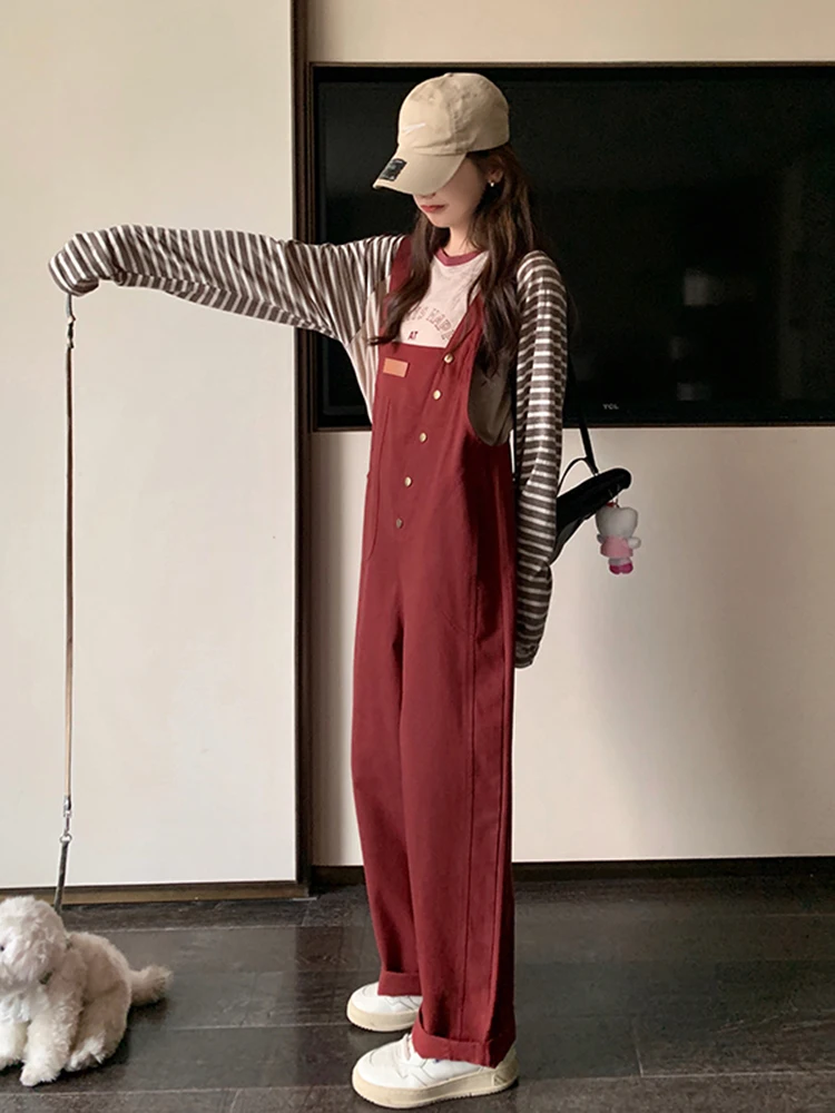 Red Dopaamine Anti-Aging Bib Overalls Women's Casual One-Piece Straight Leg Long Pants Autumn New Small Size Korean Style