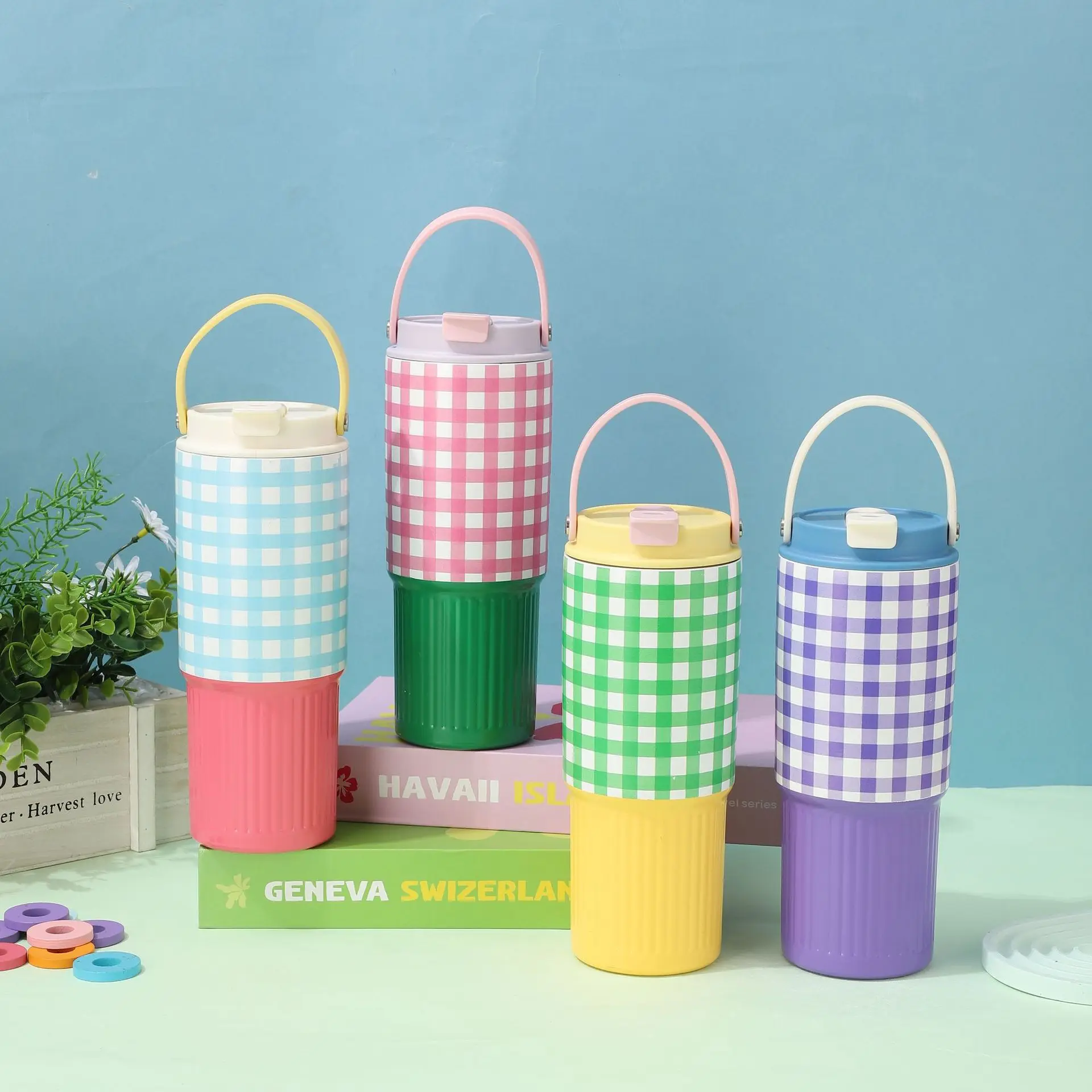 

30oz Stainless Steel Tumbler - Double Lid Vacuum Insulated Cup with Straw & Handle | Keeps Cold 24H for Gym, Hiking & Car Travel