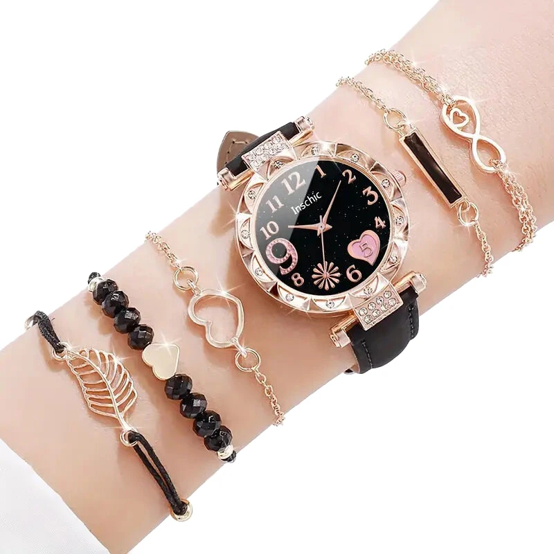 6pcs/set Women\'s Watch Casual Flower Quartz Watch PU Leather Wrist Watch Bracelets Combination Set Jewelry Gift For Women Girl